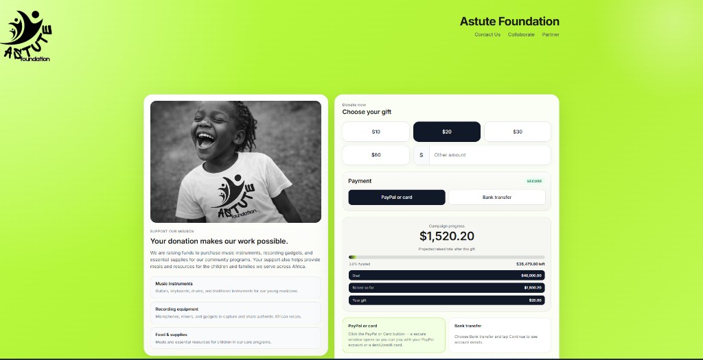 Astute Foundation donation page with gift amounts and campaign progress