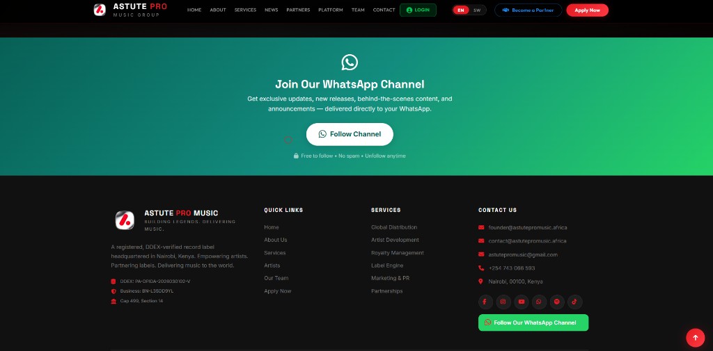 Astute Pro Music footer with contact and WhatsApp channel