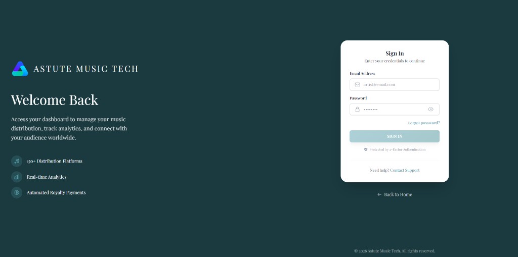 Astute Tech sign in page for label and artist access