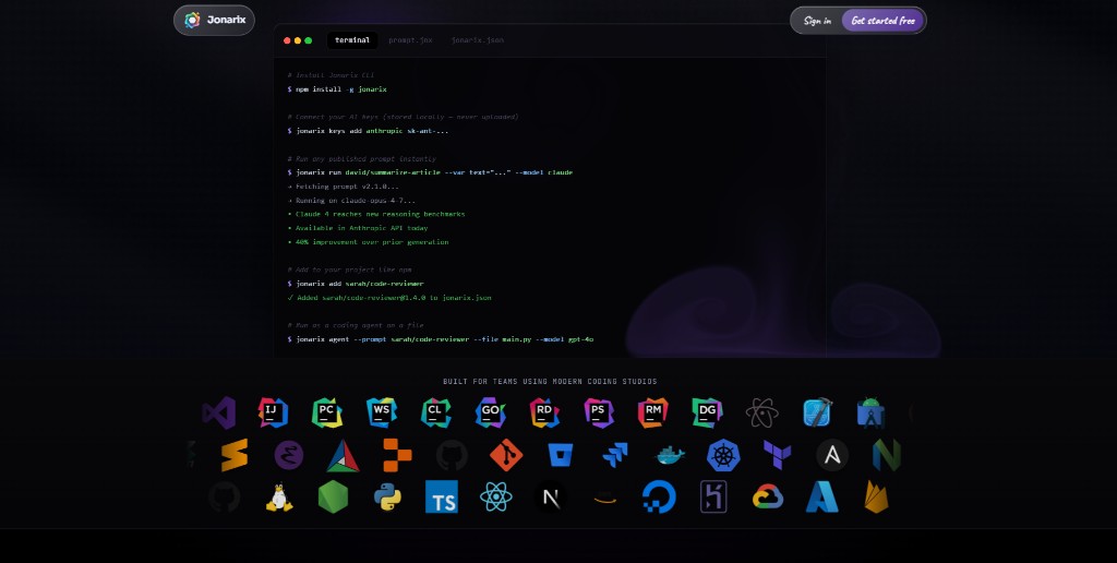 Jonarix CLI terminal for install keys run and agent commands