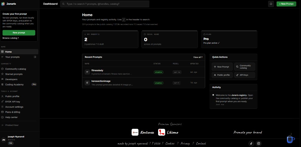 Jonarix home dashboard with prompts runs and quick actions