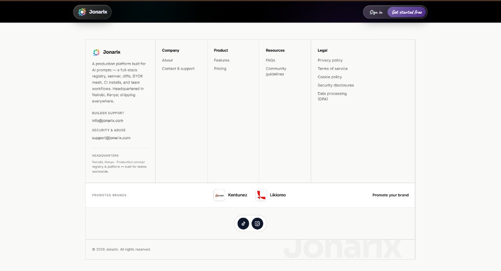 Jonarix footer with product links and promoted brands