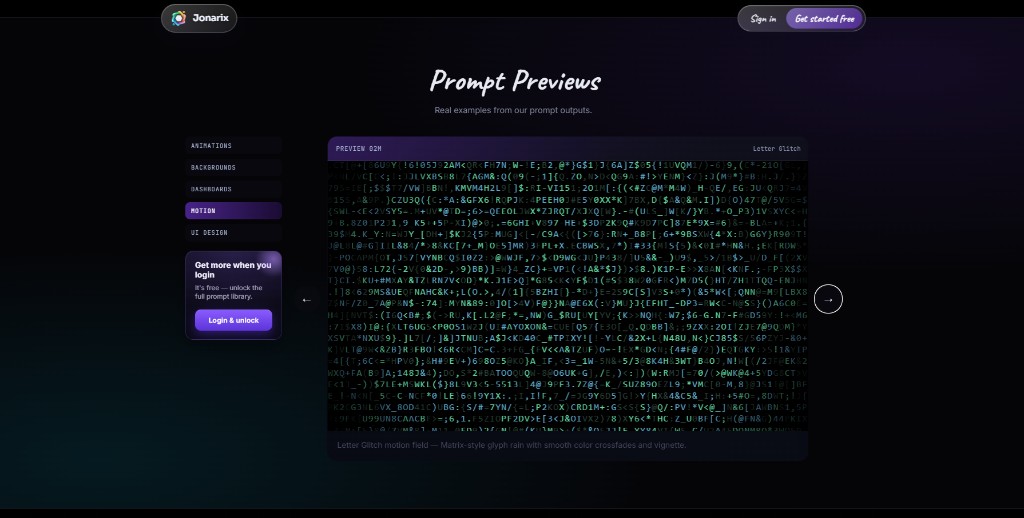 Jonarix prompt previews motion category letter glitch