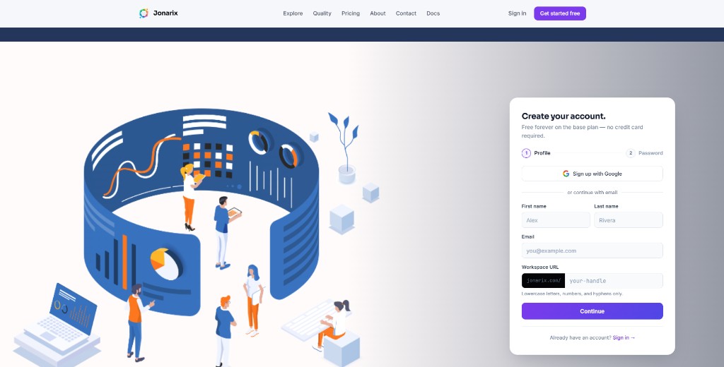Jonarix create account sign up flow