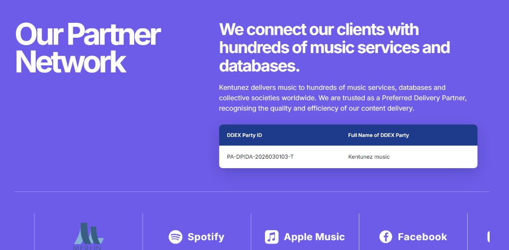 Kentunez partner network with Merlin, Spotify, Apple Music, and Facebook