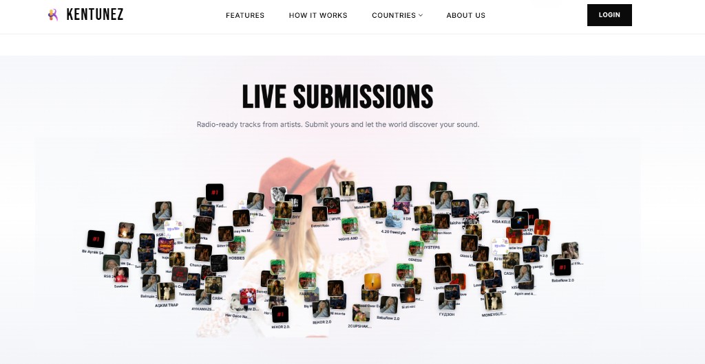 Kentunez live submissions page with artist track gallery