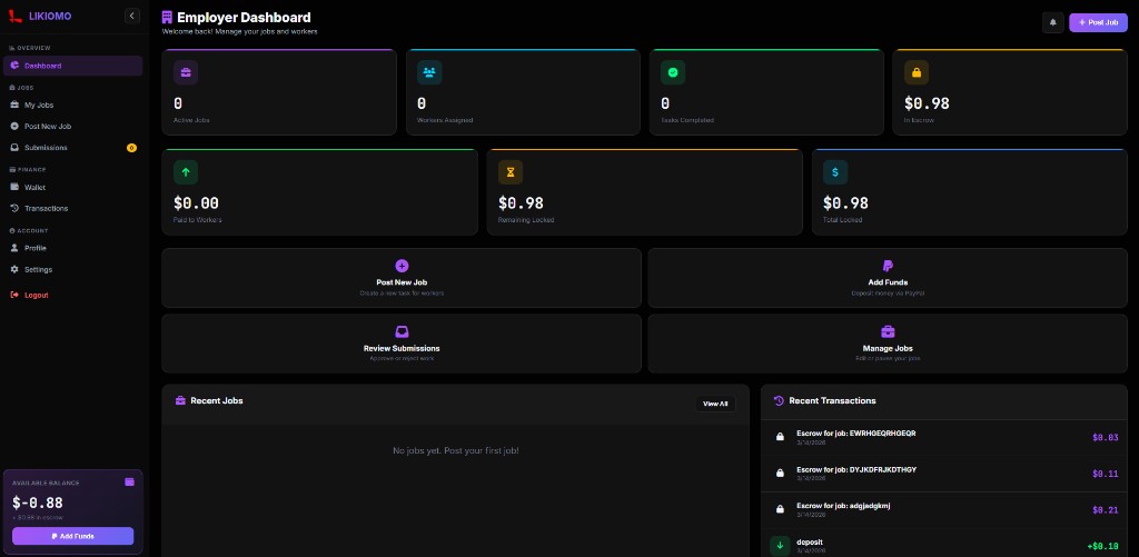 Likiomo employer dashboard with jobs wallet and escrow
