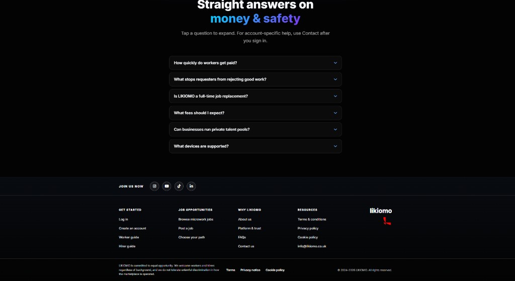 Likiomo FAQ and footer with money and safety answers
