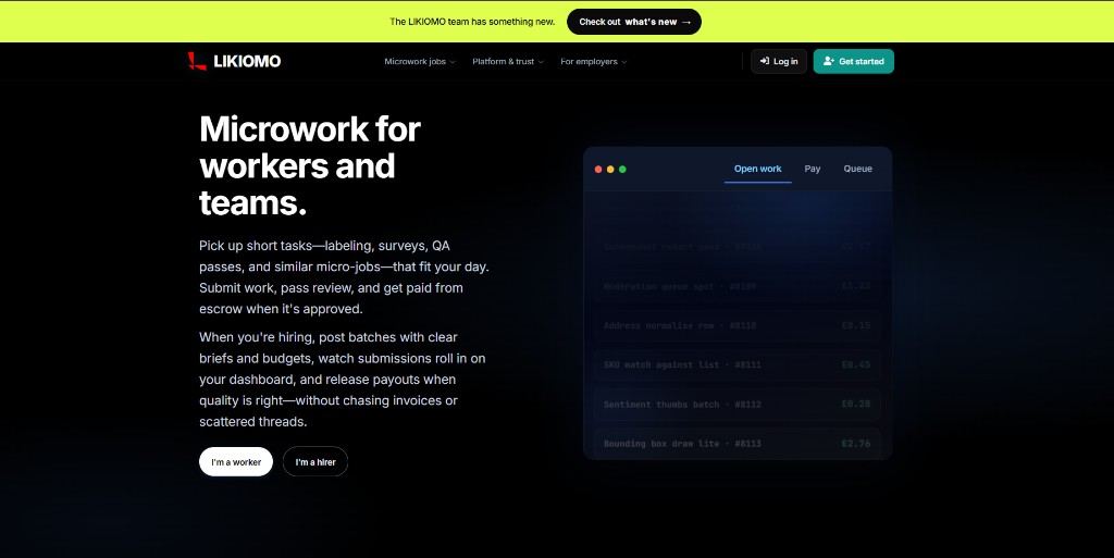 Likiomo hero microwork for workers and teams with task queue UI