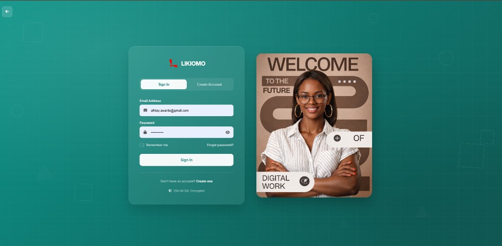 Likiomo sign in and create account page