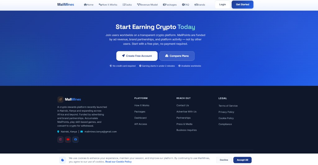 MaliMines start earning crypto today footer and account CTAs