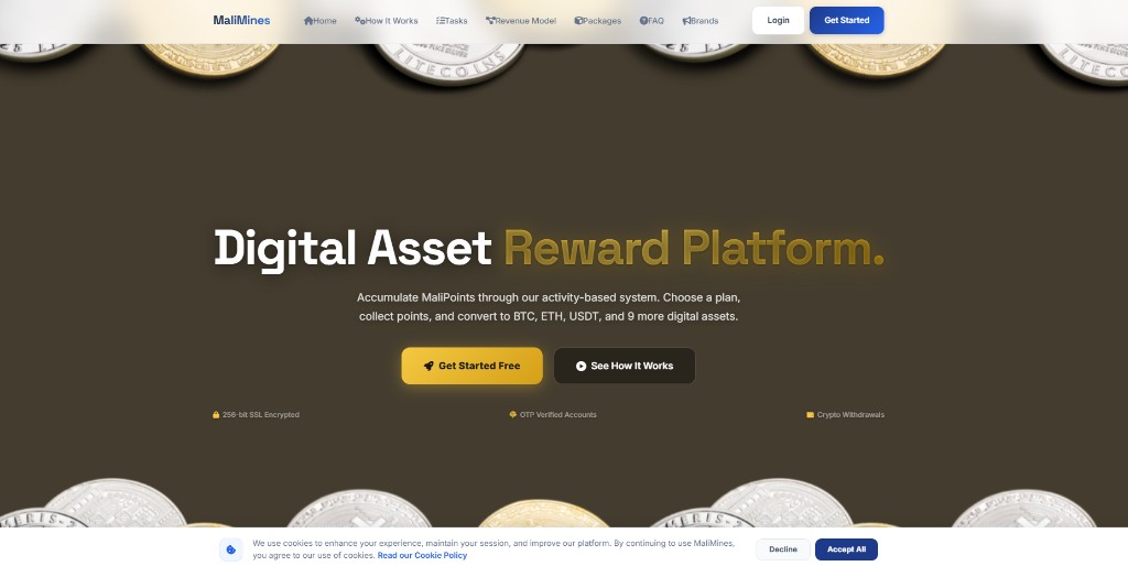 MaliMines digital asset reward platform hero with crypto withdrawals