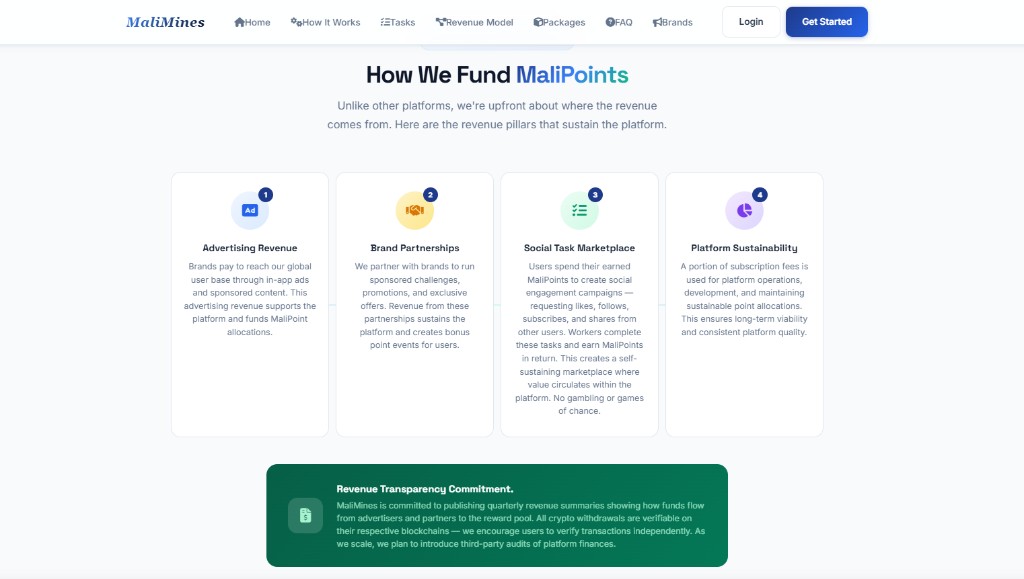 MaliMines revenue model and MaliPoints funding pillars