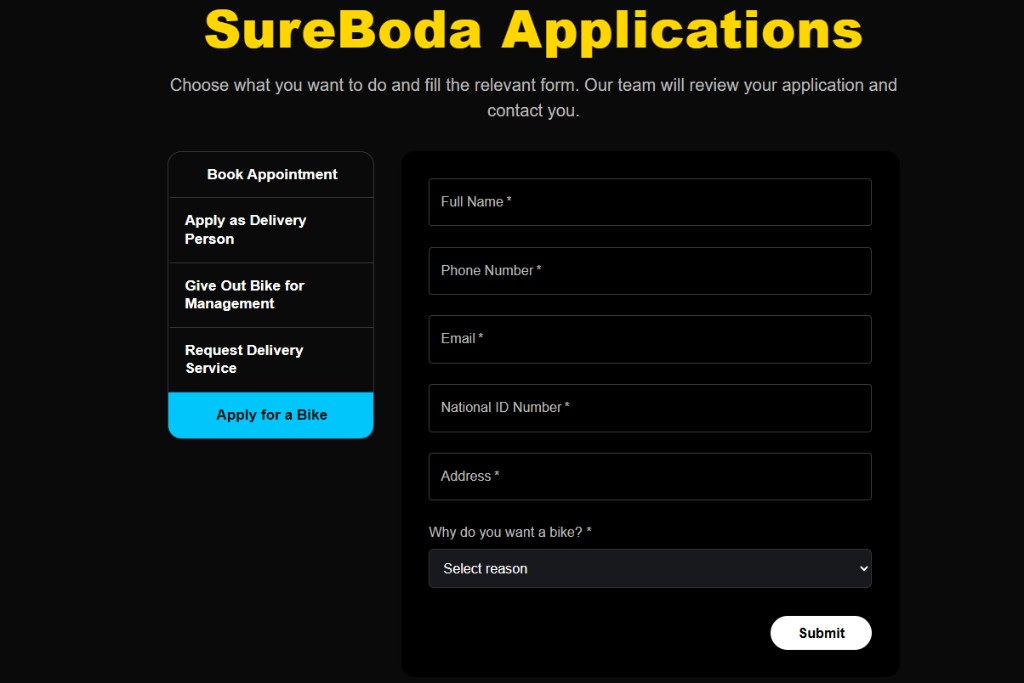 SureBoda applications portal for riders delivery and bike management