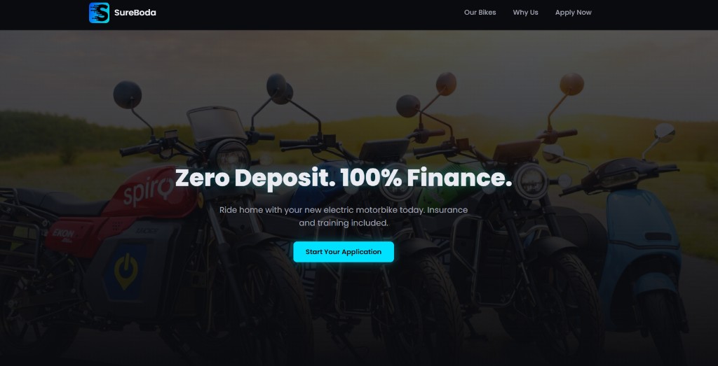 SureBoda zero deposit one hundred percent finance landing for electric motorbikes