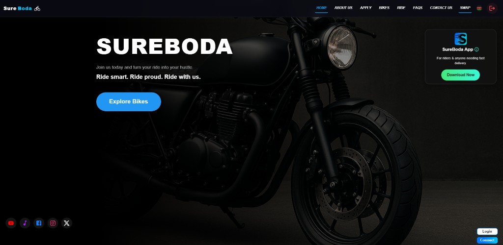 SureBoda hero with motorcycle imagery, explore bikes call to action, and rider app download